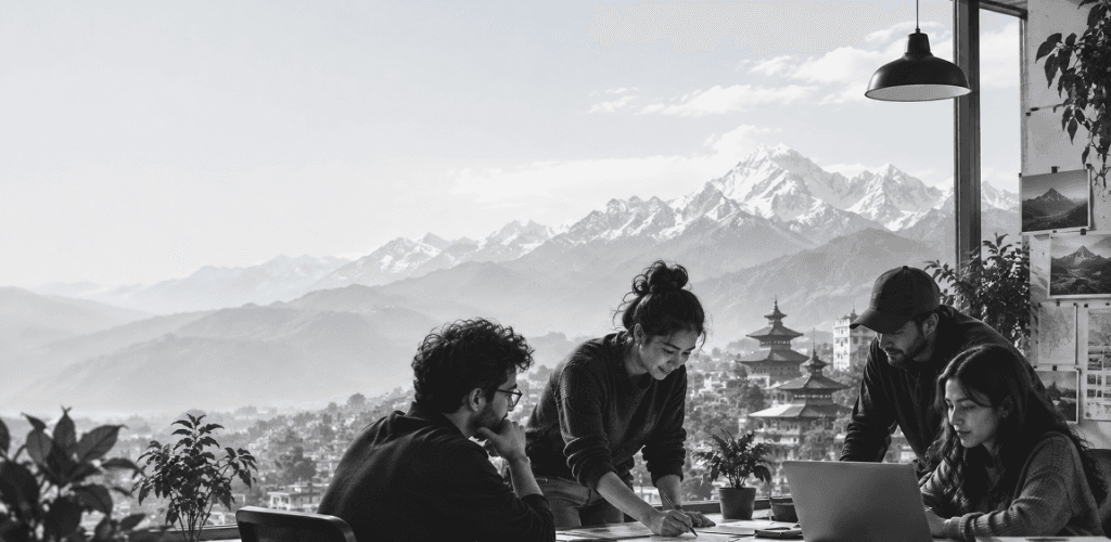 Kalika Tech collaborative product team in Kathmandu against Himalayan peaks