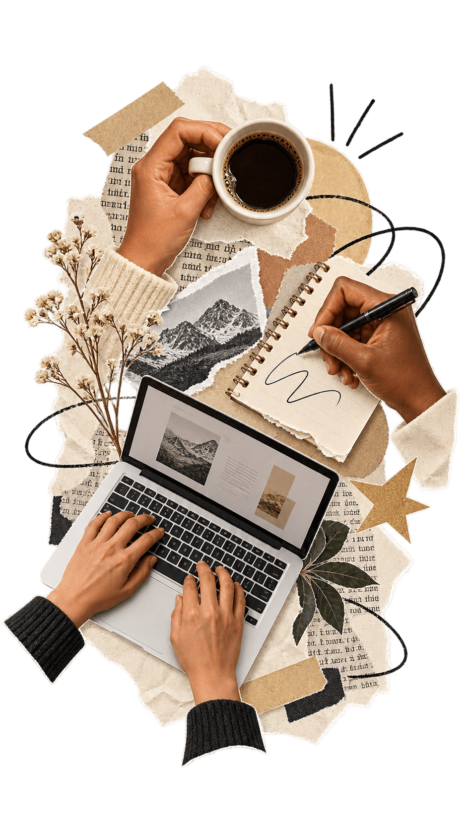 Collage of hands working on a laptop, notebook, and coffee
