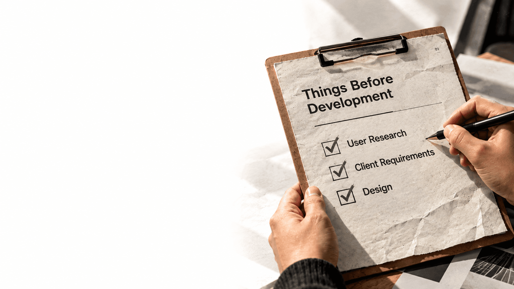 A checklist showing user research, client requirements, and design completed before development