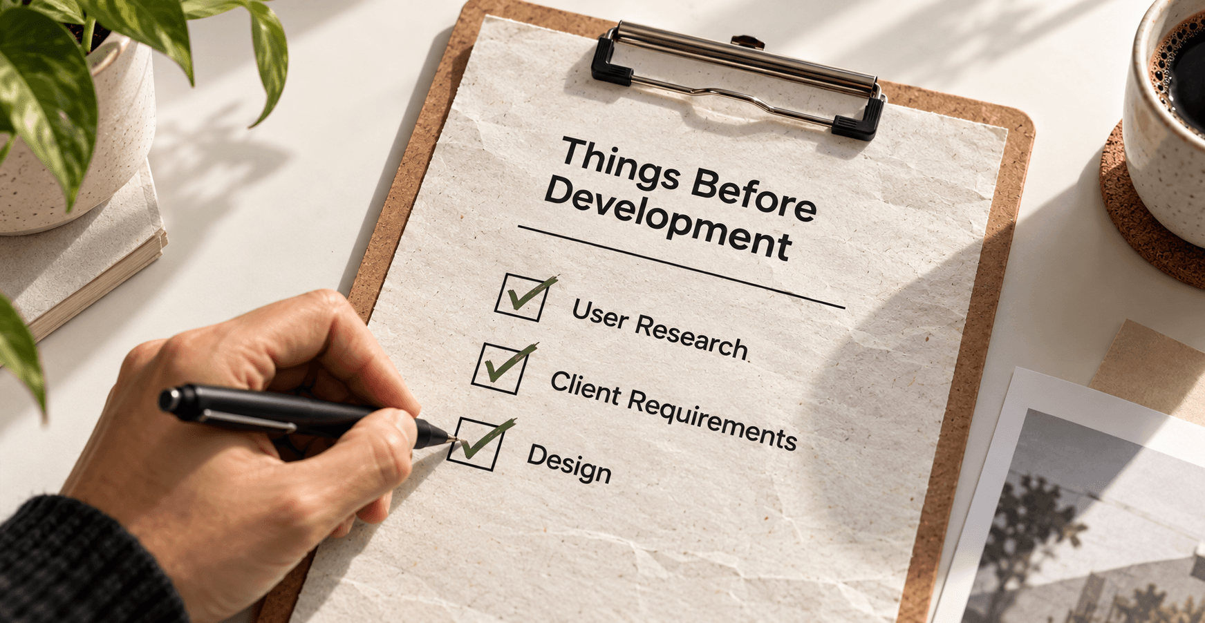 A hand completing a Things Before Development checklist